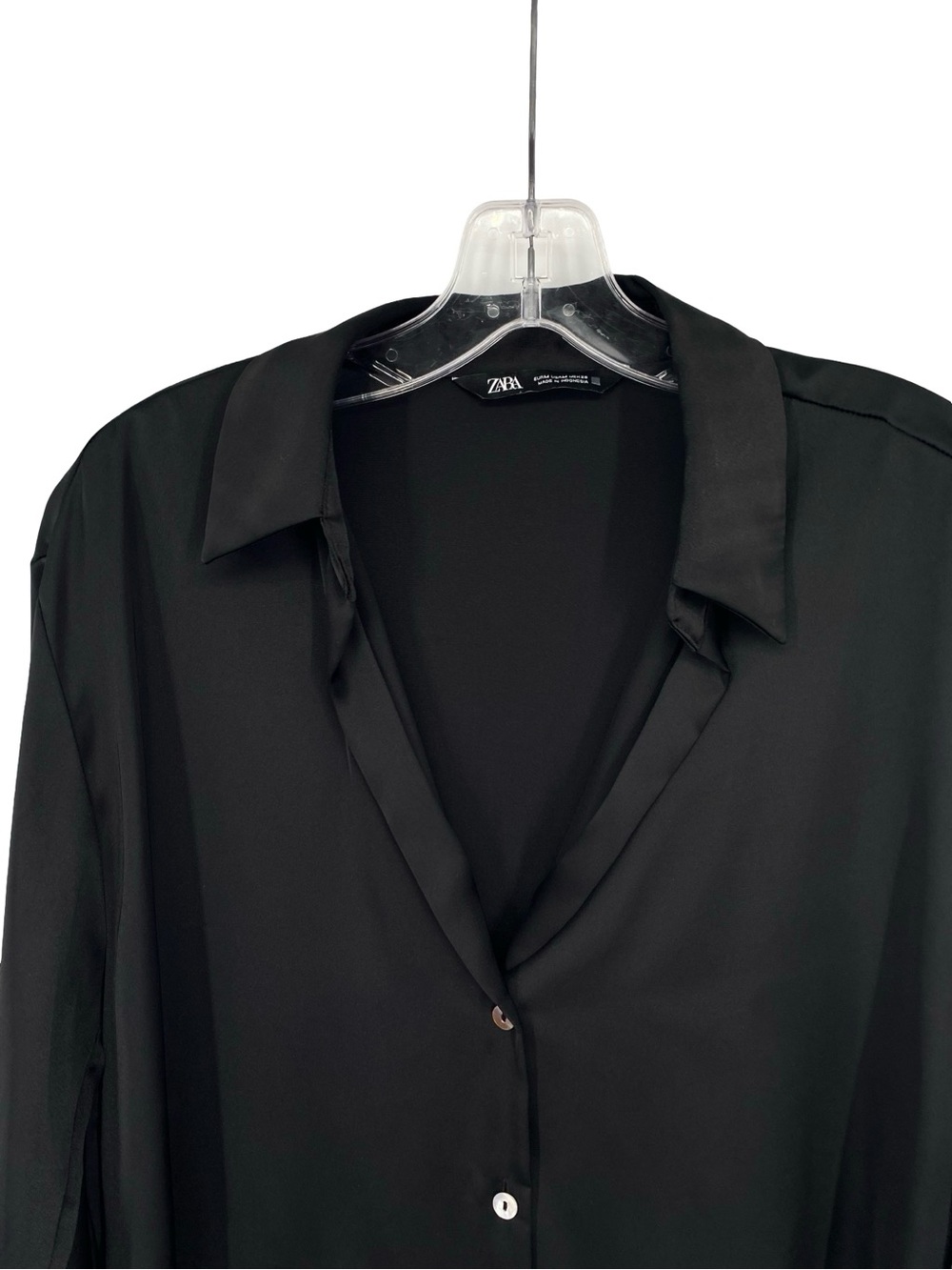 Zara Black Satin Button Down V Neck Blouse Size Medium - Picture 2 of 9